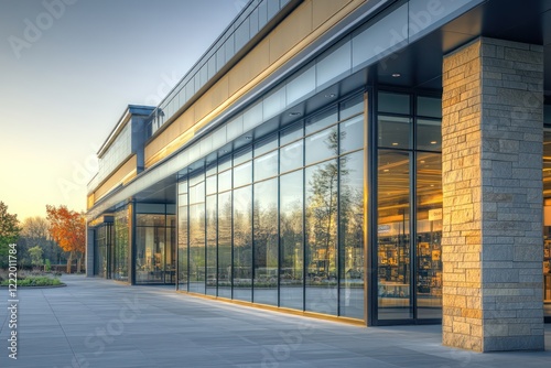 A sleek retail building with frameless glass windows, metal trimmings, and a smooth stone finish