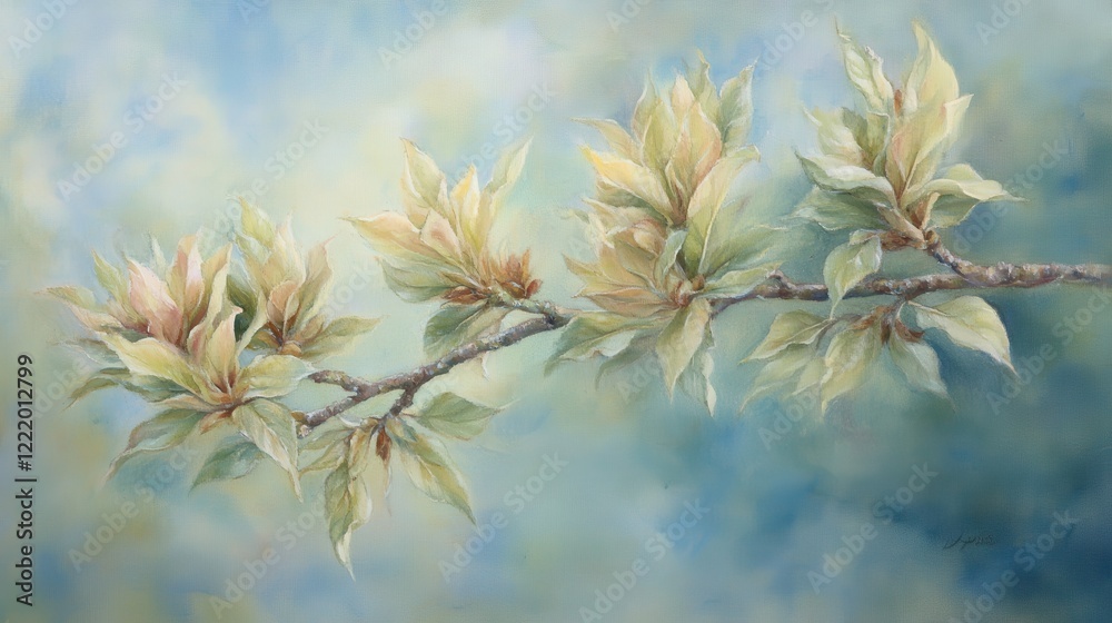 Fresh Green Leaves on a Branch with Soft Blue Background Fresh Green Leaves on a Branch with Soft Blue Background
