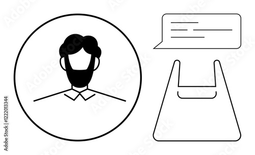 Human avatar in a circle, speech bubble with lines, abstract shopping bag shape. Ideal for communication, dialogue, customer service, identity, social interaction, retail e-commerce consumer