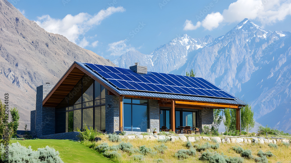 Obraz premium A luxurious mountain residence equipped with solar panels, offering an energy-efficient solution while providing stunning mountain views.