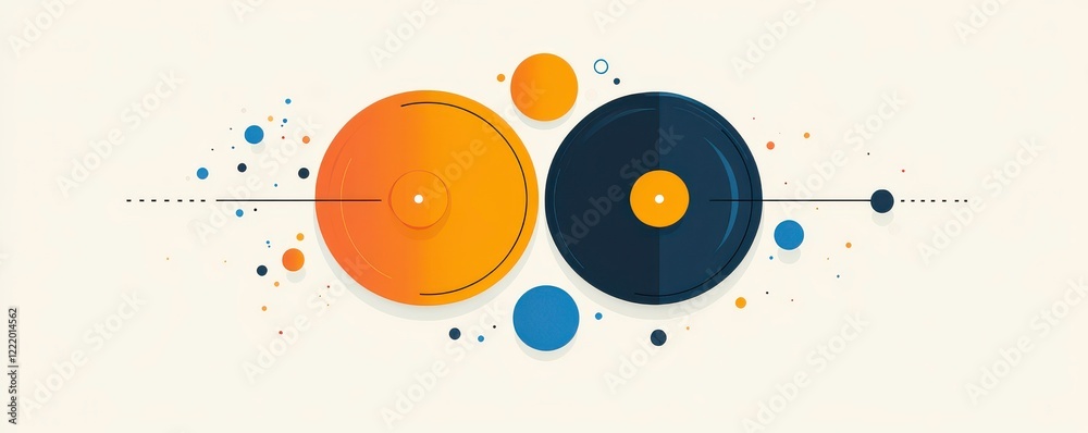 Fototapeta premium A vibrant illustration featuring two vinyl records in orange and black, surrounded by colorful dots, evoking a retro music vibe.