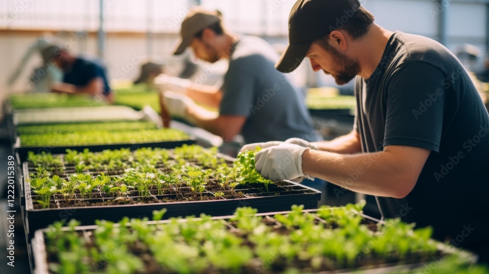 Greenhouse Workers Cultivating Seedlings: Focused hands carefully tend to vibrant green seedlings in a modern greenhouse, showcasing meticulous agricultural work and the promise of growth. Greenhouse Workers Cultivating Seedlings: Focused hands carefully tend to vibrant green seedlings in a modern greenhouse, showcasing meticulous agricultural work and the promise of growth.