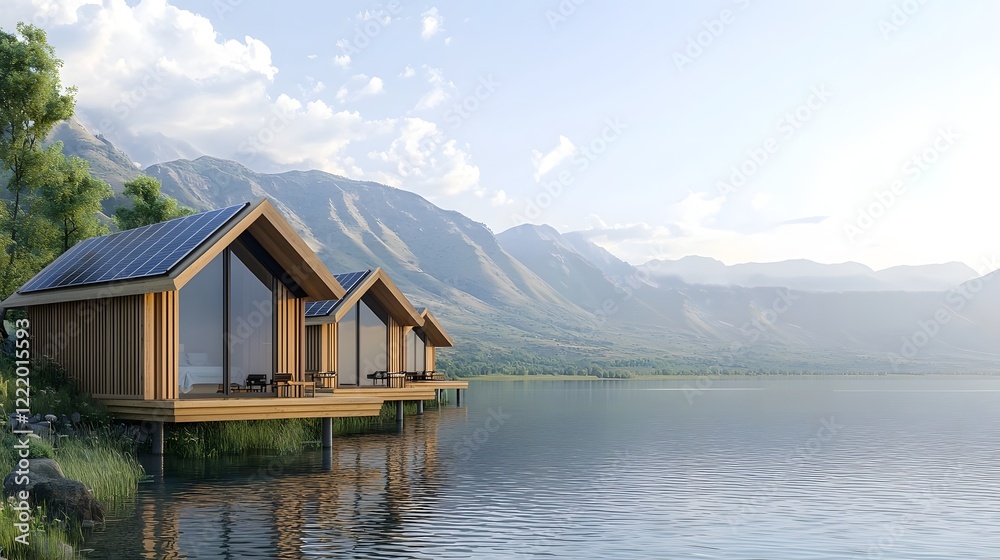Fototapeta premium Eco friendly floating cabins nestled on a pristine mountain lake with solar panels visible on the roofs offering a peaceful and sustainable retreat for nature lovers and outdoor enthusiasts
