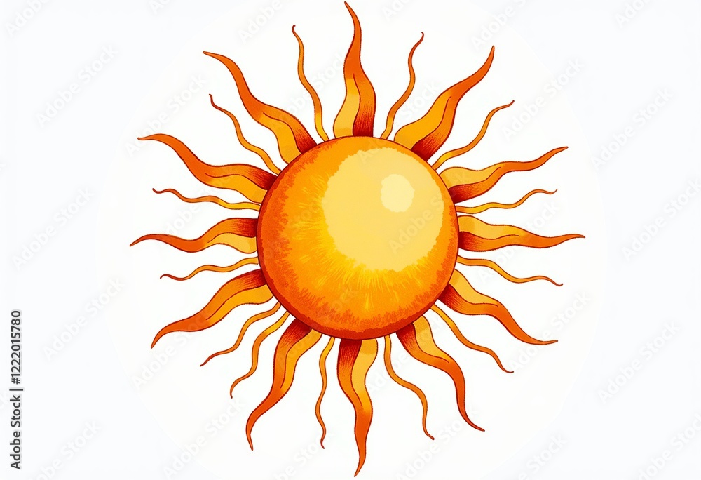 Naklejka premium Elegant Sun Illustration: Golden Watercolor, Radial Design, Pointed Rays, Soft Textures, Organic Shapes, Minimalist Style, Isolated Art, Pure White Background, Fine Art, Light, Stylized.
