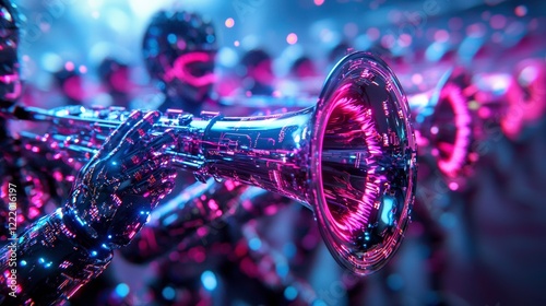 Digitalized Marching Band Performance Stadium Multimedia Show High-Tech Environment Futuristic Perspective Electronic Flutes and High Fidelity Sounds