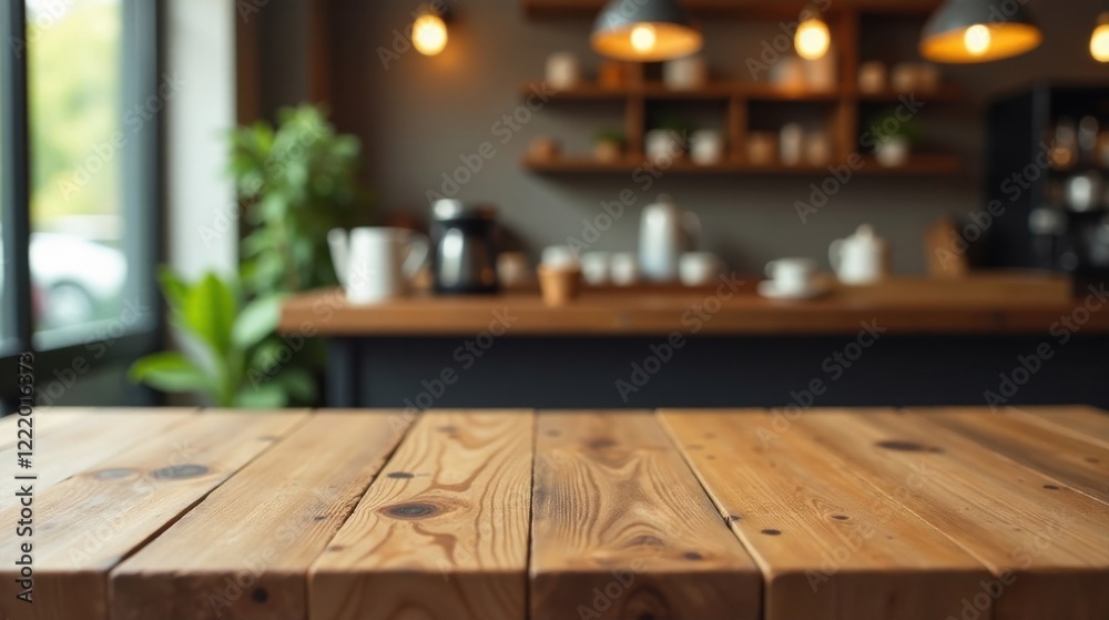 Rustic Wooden Tabletop with Blurred Background of a Cozy Cafe Interior Featuring Warm Lighting and Wooden Shelving Rustic Wooden Tabletop with Blurred Background of a Cozy Cafe Interior Featuring Warm Lighting and Wooden Shelving