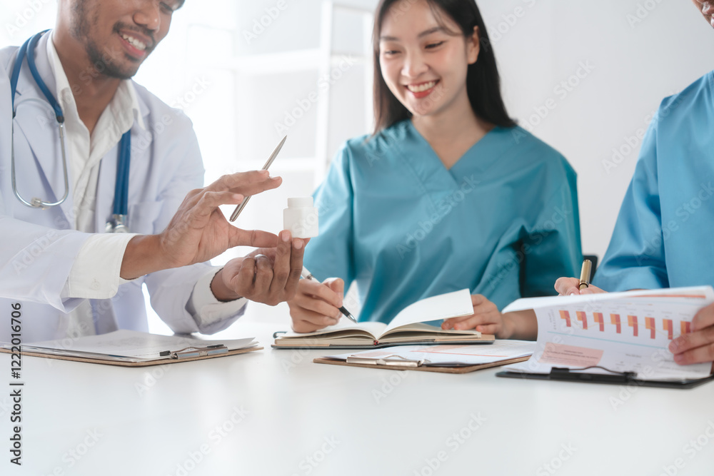 Fototapeta premium Two male doctors and a female nurse meet at a table in the hospital, collaborating on medical tasks, using laptops and computers, showcasing teamwork,and focusing on health,medicine,and patient care
