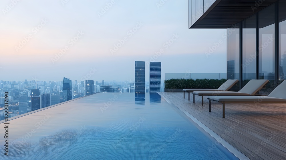 Fototapeta premium Extravagant rooftop infinity pool overlooking a captivating city skyline at the serene twilight hour offering a tranquil oasis amidst the urban landscape