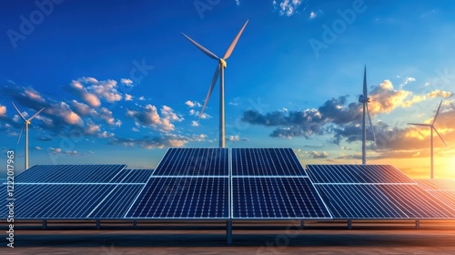 Renewable Energy Sources: Solar Panels, Dams, and Wind Turbines Generating Environmentally-Friendly Electricity