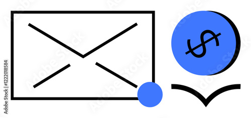 Rectangle envelope with intersecting lines next to blue dollar coin and checkmark. Ideal for communication, finance, business, transactions, approvals, emails, economic exchanges. Modern abstract