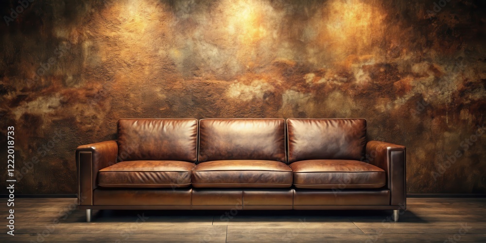Rustic Leather Sofa Against a Textured Wall, Ideal for Modern or Vintage Interior Design Rustic Leather Sofa Against a Textured Wall, Ideal for Modern or Vintage Interior Design