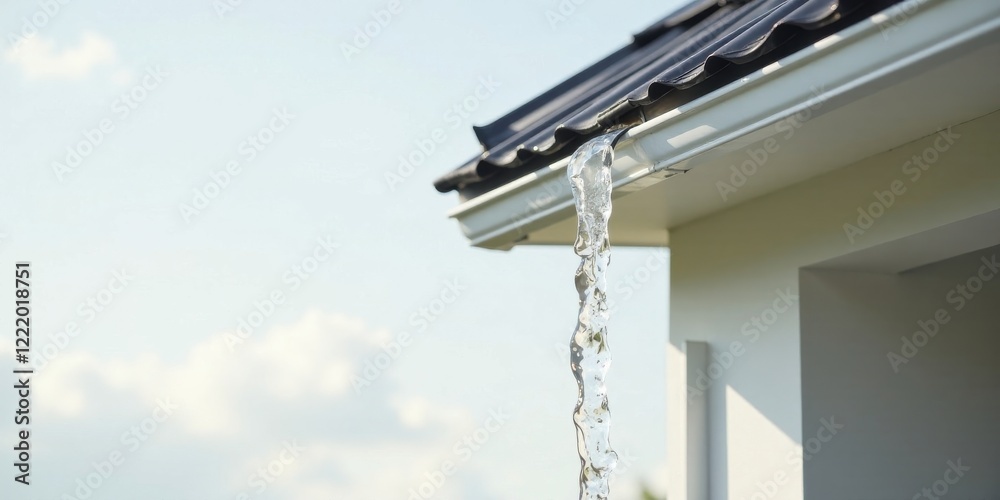 Water cascading from a pristine white gutter, showcasing a sleek home exterior design against a backdrop of a serene, bright sky Water cascading from a pristine white gutter, showcasing a sleek home exterior design against a backdrop of a serene, bright sky