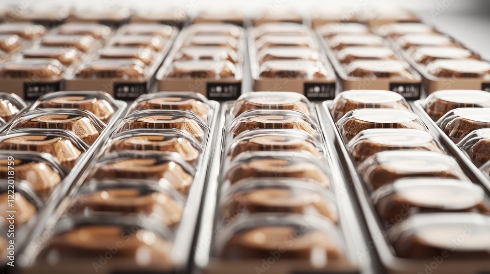 Factory-packed mini pies, mass production, dessert, food industry, packaging Factory-packed mini pies, mass production, dessert, food industry, packaging