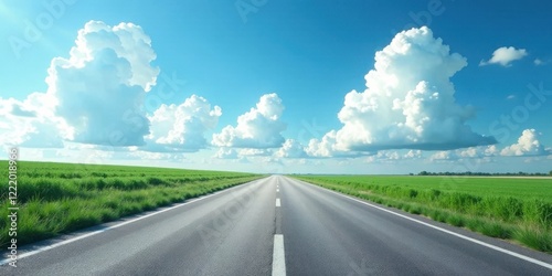 Fototapeta Naklejka Na Ścianę i Meble -  Asphalt road stretching towards a vibrant horizon under a summer sky, fluffy cumulus clouds drift peacefully above verdant fields