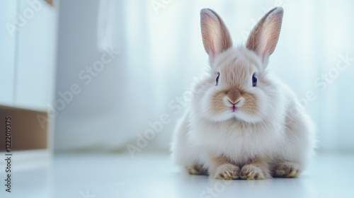 A curious rabbit with soft gray fur, sitting upright on a white floor, looking directly at the viewer photo