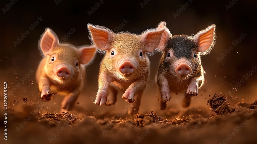 Fun and Playful Piglets in Adorable Brown, Black, and White Coloration Fun and Playful Piglets in Adorable Brown, Black, and White Coloration