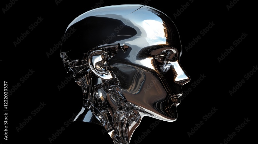 Side view illustration of a futuristic shiny silver cyborg with glowing accents against a dark background, showcasing advanced technology and robotic design.
Side view illustration of a futuristic shiny silver cyborg with glowing accents against a dark background, showcasing advanced technology and robotic design.