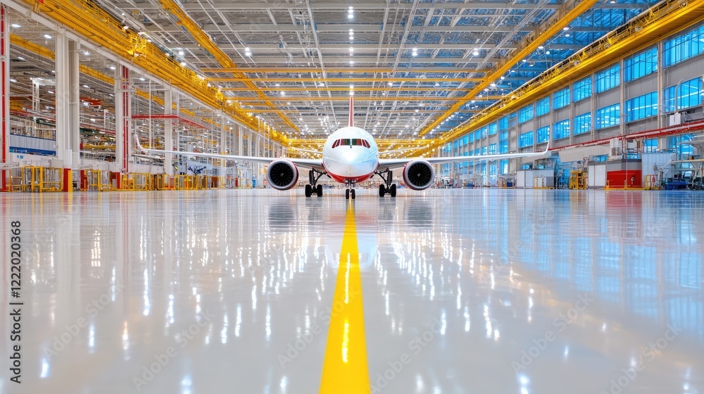 Fototapeta premium Airplane Assembly Factory Interior, Manufacturing, Aviation, Industrial, Huge Hangar, Production Line, Transportation