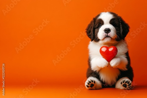 Advertising conceptual art. Cute saint bernard hound with diamond red heart - symbol of love, funny greeting card. Saint bernard - my preferred dog. Red and pink dog photos. Dog and heart. photo