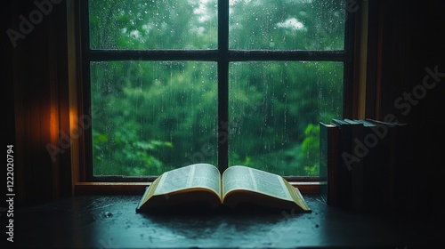 Rainy day, open book on windowsill, nature view, reading