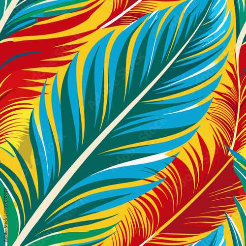 Bold Macaw Feather Seamless Pattern with Red, Yellow, Blue, and Green Streaks