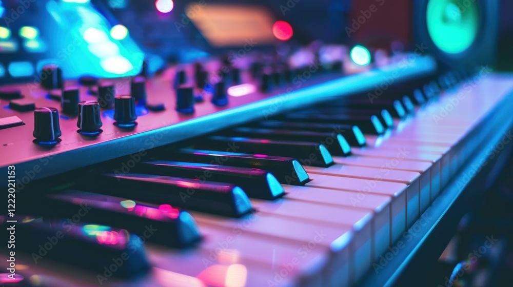 Studio keyboard synth music production neon lights Studio keyboard synth music production neon lights