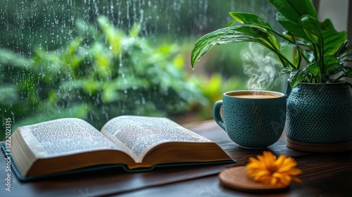 Rainy day, window, book, coffee, plant, calm, reading, relaxation, home, comfort