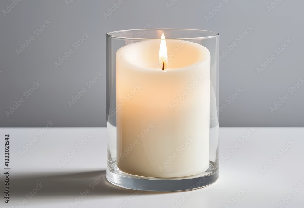 A single, lit, white pillar candle in a clear glass cylinder on a white surface A single, lit, white pillar candle in a clear glass cylinder on a white surface