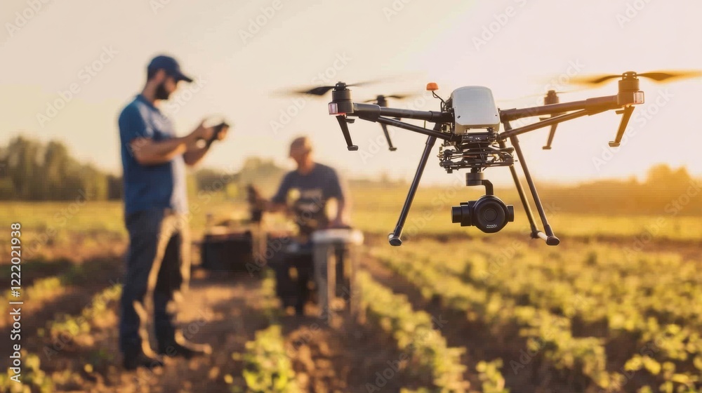 A bustling agricultural technology hub with agronomists using drones and sensors to monitor crop health and optimize farming practices, Agri-tech hub scene, Precision agriculture style A bustling agricultural technology hub with agronomists using drones and sensors to monitor crop health and optimize farming practices, Agri-tech hub scene, Precision agriculture style