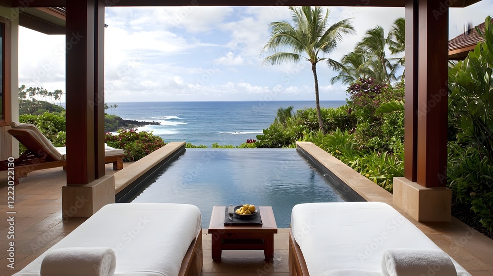 Obraz premium Luxurious oceanfront spa retreat with an infinity pool and open air massage beds nestled amidst a lush tropical landscape with stunning ocean views