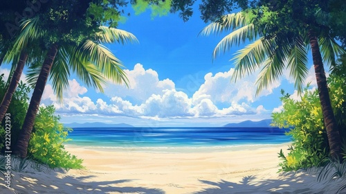 Idyllic Tropical Beach Scene With Palm Trees And Ocean View