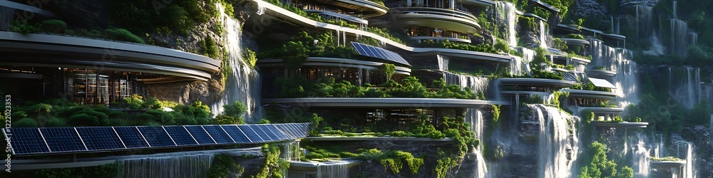 A futuristic eco-city built into the side of a mountain with cascading water gardens and solar panels A futuristic eco-city built into the side of a mountain with cascading water gardens and solar panels