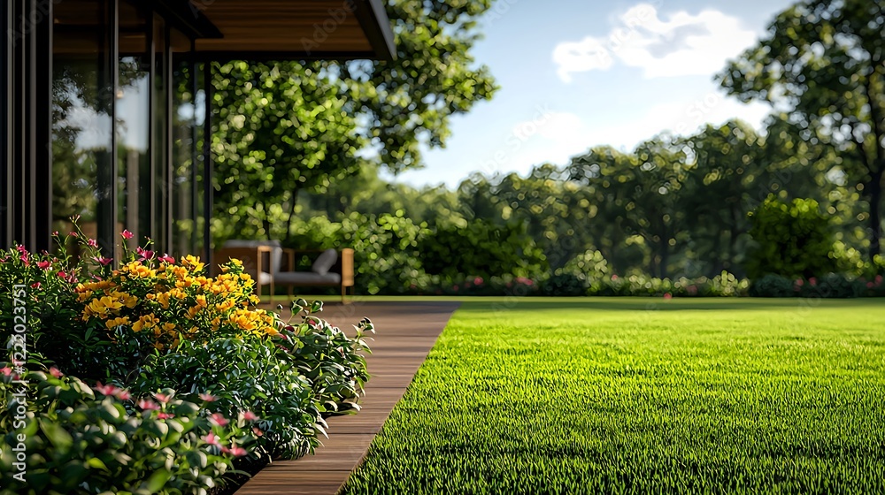 Obraz premium Vibrant Garden Scene with Lush Grass and Colorful Flower Beds