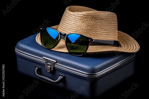 Hat sunglasses and suitcase arranged on a black background for travel and vacation concept photo