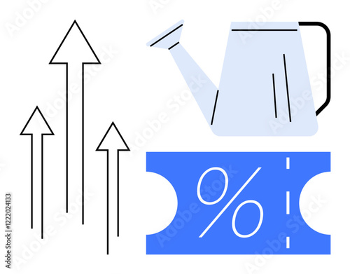 Growth arrows, blue watering can, and blue discount ticket with a percentage symbol. Ideal for business strategy, investment growth, nurturing success, savings, financial strategy, promotions