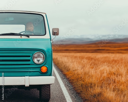 Blue truck parked on the side of a road under clear sky with trees and grass nearby