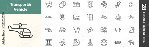 outline transportation icons set. editable linear pram, transition, workshop repair, and other 25 icons in this category isolated on transparent background.