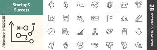 outline startup and strategy icons set. editable linear attitude, startup head, discussion, and other 25 icons in this category isolated on transparent background.