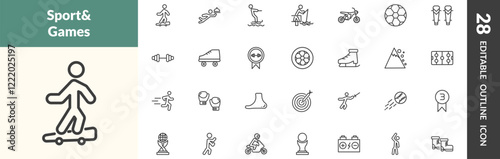 outline sport and game icons set. editable linear boy with skatingboard, waiter falling, jet surfing, and other 25 icons in this category isolated on transparent background.