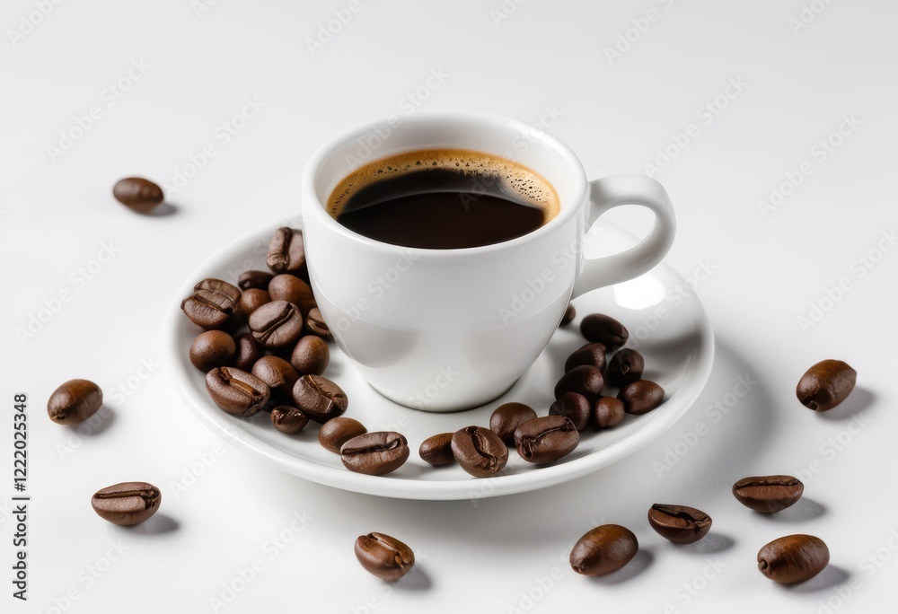 Espresso Coffee Cup with Coffee Beans on White Background, Close-up Still Life Photography Espresso Coffee Cup with Coffee Beans on White Background, Close-up Still Life Photography