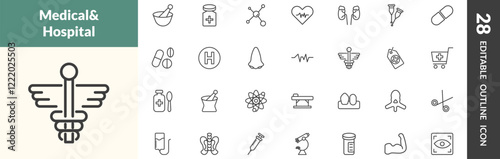 outline medical and healthcare icons set. editable linear medicines bowl, cure, molecular configuration, and other 25 icons in this category isolated on transparent background.