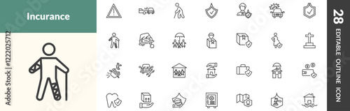 outline insurance and coverage icons set. editable linear disaster, side crash, retirement, and other 25 icons in this category isolated on transparent background.