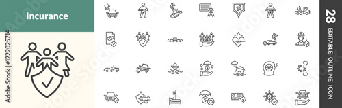 outline insurance and coverage icons set. editable linear hail on the car, broken arm, overturned vehicle, and other 25 icons in this category isolated on transparent background.
