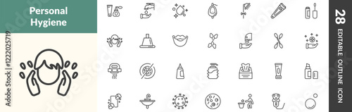 outline hygiene and sanitation icons set. editable linear cosmetics, ablution, purity, and other 25 icons in this category isolated on transparent background.