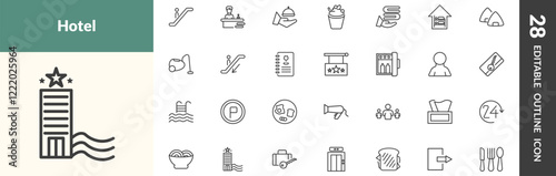 outline hotel and restaurant icons set. editable linear or, receptionist, room service, and other 25 icons in this category isolated on transparent background.