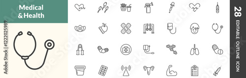 outline health and medical icons set. editable linear cardiology, sperm, fast food, and other 25 icons in this category isolated on transparent background.