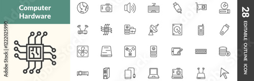 outline hardware and equipment icons set. editable linear circuits, big camera, loudspeakers, and other 25 icons in this category isolated on transparent background.