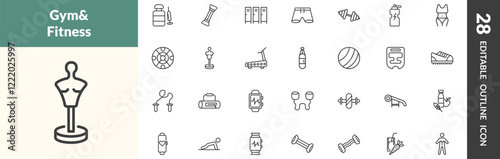 outline fitness and gym icons set. editable linear steroids, arms extender, locker, and other 25 icons in this category isolated on transparent background.