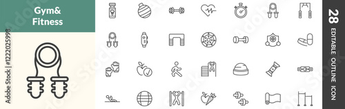 outline fitness and gym icons set. editable linear broccoli porcion, fitness ball, exercising dumbbell, and other 25 icons in this category isolated on transparent background.