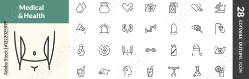 outline health and medical icons set. editable linear blood drop, kettlebell, health care, and other 25 icons in this category isolated on transparent background.